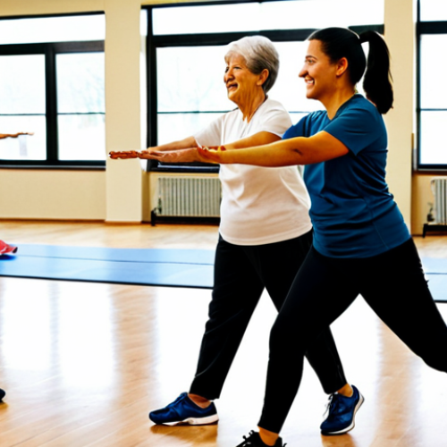 Home 11 A diverse group of adults of varying ages, including seniors and middle-aged individuals, participating in a gentle adapted physical activity class. They are wearing comfortable, modest activewear. The setting is a spacious, well-lit community health center gym with wooden floors and large windows, showing a bright, natural light. Some participants are performing light stretching exercises, while others are engaging in balance and mobility drills. A professional instructor, fully clothed in appropriate attire, is guiding them with a natural pose. The atmosphere is positive, supportive, and inclusive. Perfect anatomy, correct proportions, natural body proportions, well-formed hands, proper finger count. Professional photography, high quality, safe for work, appropriate content, fully clothed, modest clothing, family-friendly.