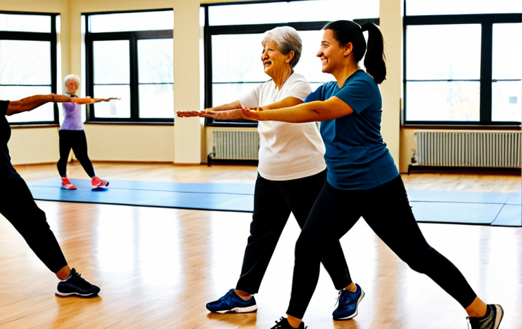 A diverse group of adults of varying ages, including seniors and middle-aged individuals, participating in a gentle adapted physical activity class. They are wearing comfortable, modest activewear. The setting is a spacious, well-lit community health center gym with wooden floors and large windows, showing a bright, natural light. Some participants are performing light stretching exercises, while others are engaging in balance and mobility drills. A professional instructor, fully clothed in appropriate attire, is guiding them with a natural pose. The atmosphere is positive, supportive, and inclusive. Perfect anatomy, correct proportions, natural body proportions, well-formed hands, proper finger count. Professional photography, high quality, safe for work, appropriate content, fully clothed, modest clothing, family-friendly.