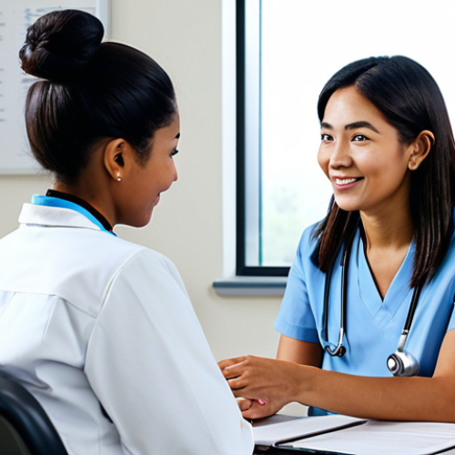 Home 6 A professional female doctor with a kind, reassuring expression, wearing a modest, clean medical uniform, is gently explaining information to an adult patient of diverse ethnicity. They are seated in a brightly lit, modern, and inviting consultation room within a local health center. The background features a clean desk and subtle medical equipment, emphasizing a calm and professional atmosphere. This is a high-resolution professional photograph with natural lighting and a soft focus on the subjects. perfect anatomy, correct proportions, natural pose, well-formed hands, proper finger count, natural body proportions, fully clothed, modest clothing, appropriate attire, professional dress, safe for work, appropriate content, family-friendly.