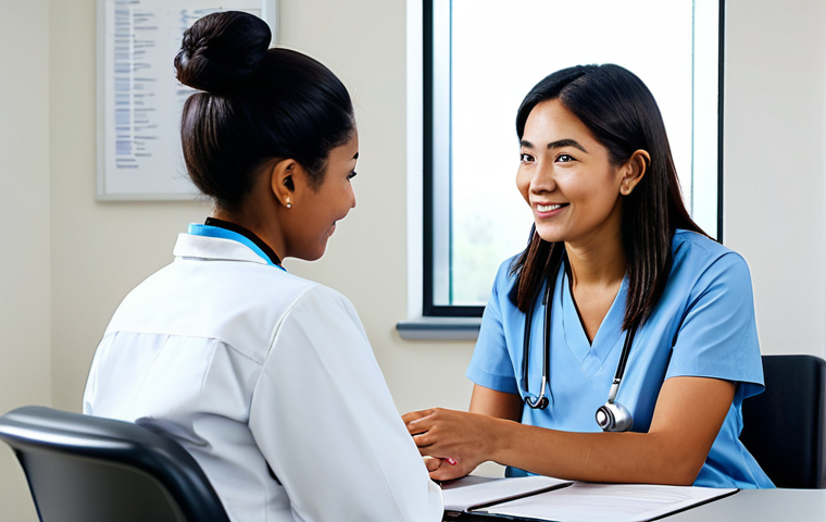 A professional female doctor with a kind, reassuring expression, wearing a modest, clean medical uniform, is gently explaining information to an adult patient of diverse ethnicity. They are seated in a brightly lit, modern, and inviting consultation room within a local health center. The background features a clean desk and subtle medical equipment, emphasizing a calm and professional atmosphere. This is a high-resolution professional photograph with natural lighting and a soft focus on the subjects. perfect anatomy, correct proportions, natural pose, well-formed hands, proper finger count, natural body proportions, fully clothed, modest clothing, appropriate attire, professional dress, safe for work, appropriate content, family-friendly.