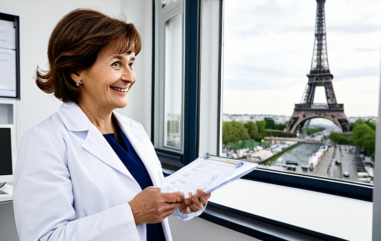 보건소 치매 예방 검사 후기 - The Consultation**

"A friendly doctor in a modern Parisian clinic, reviewing test results with a ma...