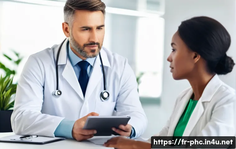 보건소에서의 혈액형 검사 비용 - **A Calm Medical Consultation:** A friendly female doctor, in her late 30s, wearing a clean white la...