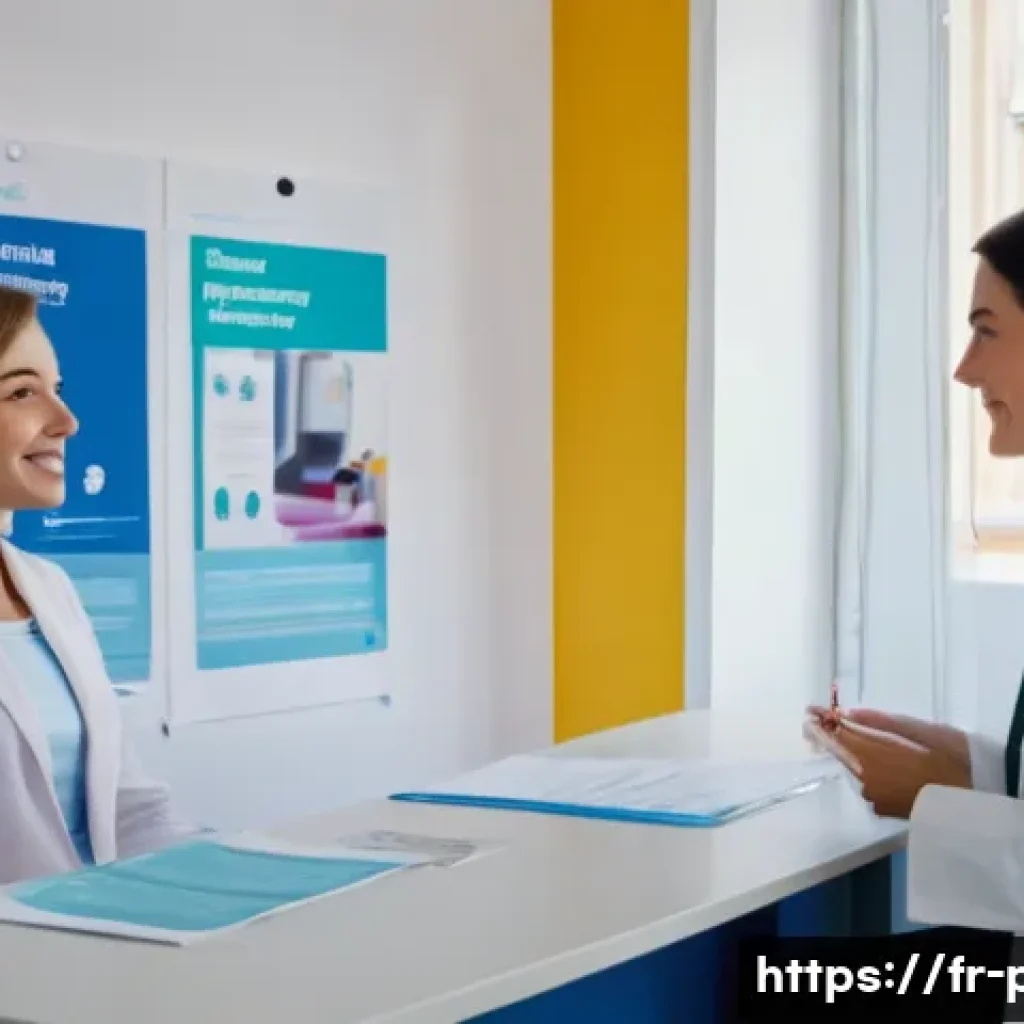 보건소 임신 확인 검사 - A bright and welcoming French community health center interior, with a friendly female healthcare pr...