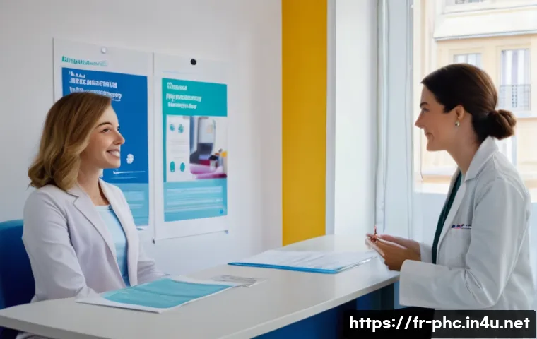 보건소 임신 확인 검사 - A bright and welcoming French community health center interior, with a friendly female healthcare pr...