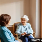 보건소에서의 노인성 질환 진단 - A warm and inviting healthcare center room in France, showing a compassionate female healthcare prof...