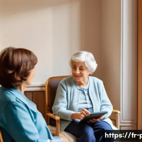 보건소에서의 노인성 질환 진단 - A warm and inviting healthcare center room in France, showing a compassionate female healthcare prof...