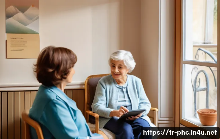 보건소에서의 노인성 질환 진단 - A warm and inviting healthcare center room in France, showing a compassionate female healthcare prof...