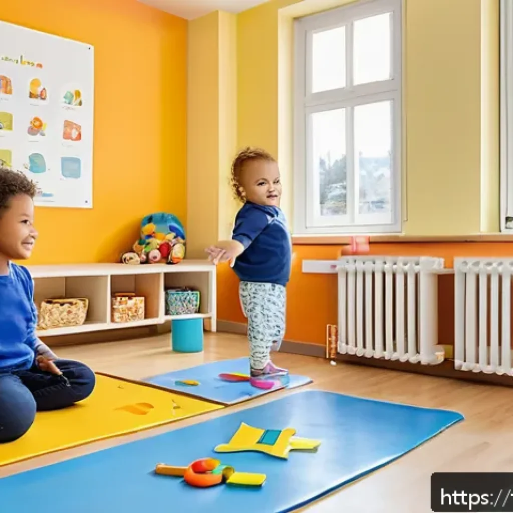 보건소에서의 영유아 성장 검사 - A bright and cheerful daycare room scene in a modern French cr&egrave;che, showing a diverse group of toddl...