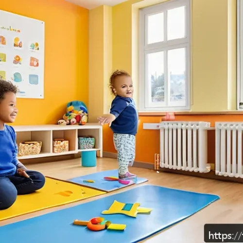 보건소에서의 영유아 성장 검사 - A bright and cheerful daycare room scene in a modern French cr&egrave;che, showing a diverse group of toddl...