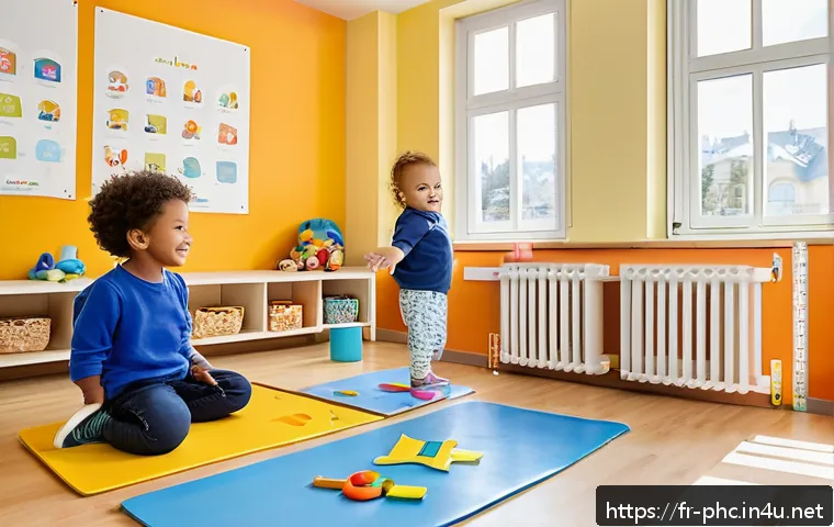 보건소에서의 영유아 성장 검사 - A bright and cheerful daycare room scene in a modern French crèche, showing a diverse group of toddl...